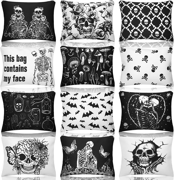Kajaia 12 Pcs Gothic Skeleton Makeup Bags Cute Portable Travel Purse Toiletry Pocket Make up Organizer Storage Zipper Pouch Makeup Brush Cosmetic Bags for Women Adult Aesthetic Stuff