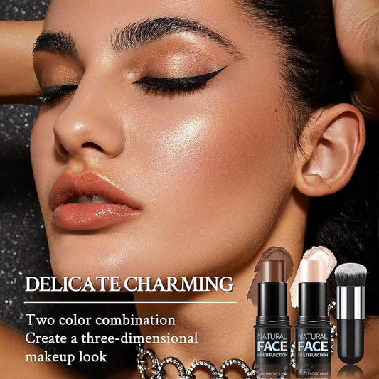 2 Pcs Cream Contour Highlighter Stick for Face Cheeks, Face Brightens Trimming Cream Bronzer Stick, Waterproof Long Wearing Contour Wand Matte & Dewy Finish Face Shaping Makeup (2+6)