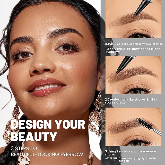 2-in-1 Dual Ended Microblading Eyebrow Pen & Eyebrow Brush,Waterproof 2-Fork-Tip & Precise Brush-Tip for Natural Hair-Like Brows, Perfect Eyebrows Make up,Last 24Hrs.