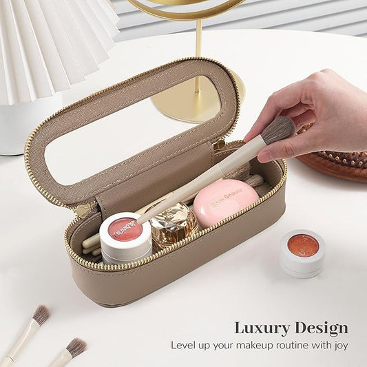 Aveniee Slim Clear Makeup Brush Bag, Small Cosmetic Brush Holder, Mini Toiletry Bag Travel Case for Women, Thin Make up Bags with Dual Zipper, Cute Travel Essentials Bag Organizer - Taupe