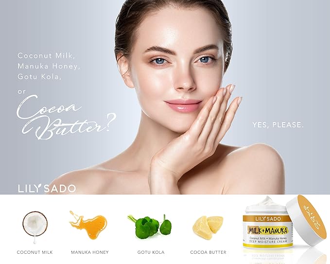 LILY SADO MILK+MANUKAβ’ Coconut Milk and Manuka Honey Natural Face Moisturizer - Non Greasy Organic Facial Cream with Cocoa Butter and Gotu Kola - Amazing Anti-aging Formula