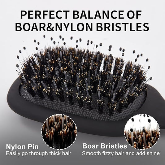 Mini Boar Bristles Hair Bursh, Travel Size Hair Brush for Women Men Kids, Protable Small Hair Brush for Pockets Purses, Mini Detangler Brush for Smooth Add Shine(Black)