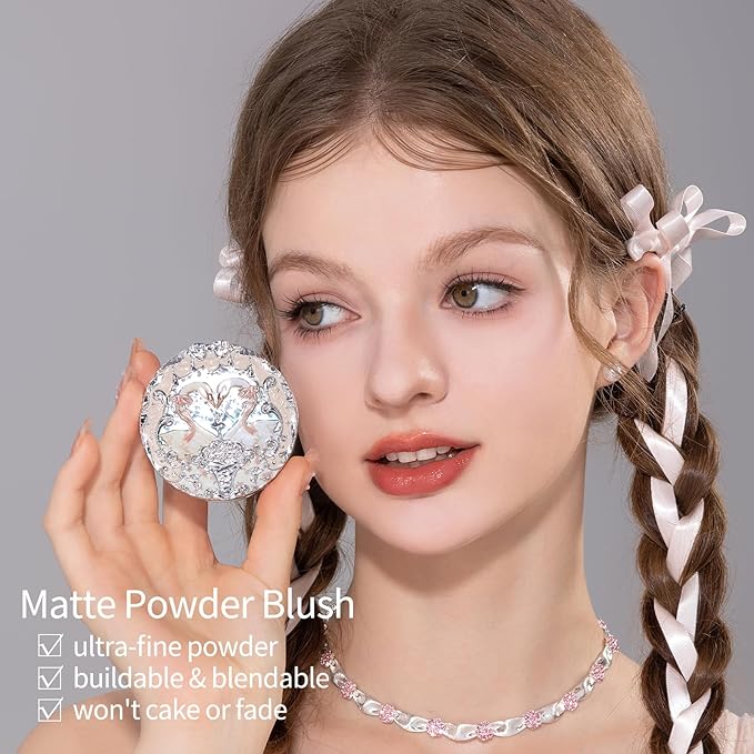 Flower Knows Strawberry Rococo Embossed Blush;Translucent Matte Finish;Buildable & Blendable Powder Blush for cheeks,Pressed Setting Powder,Natural Flush for All Skin Tones(01 Niveous Swan,5g)