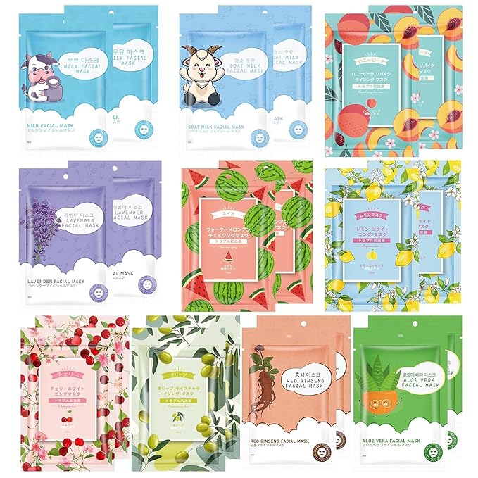 20 Sheets Face Masks Skincare for All Skin Types, Hydrating Facial Masks, Watermelon, Aloe Vera, Peach, Oil Contral Moisture Face sheet Masks for Sensitive Skin, Facial Mask for Women