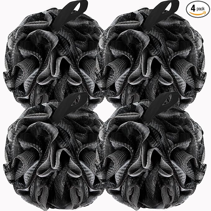 Bath Loofah Shower Sponge Body Back Scrubber Soft Mesh Shower Puffs Exfoliating Loofa for Women & Men Bath Accessories Cleaning Tool (4Pack 60G Black, Charcoal Black)
