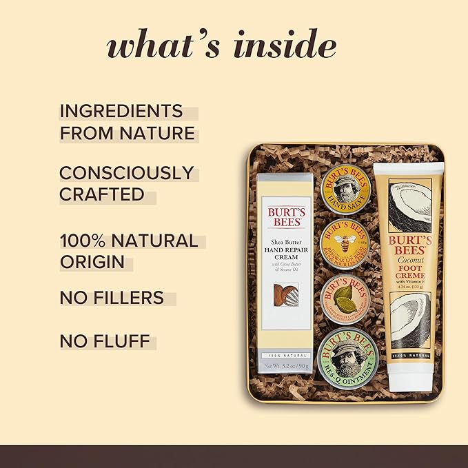 Burt's Bees Gifts Ideas - Classics Set, 6 Products in Giftable Tin β Cuticle Cream, Hand Salve, Lip Balm, Res-Q Ointment, Hand Repair and Foot Cream