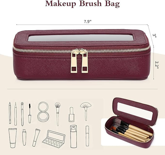 Makeup Brush Case Clear Travel Cosmetic & Toiletry Bag Small Makeup Bag with Zipper Purse Organizer Car Essential Bag for Women (X/Burgundy, SLIM)