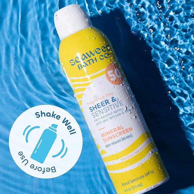 Seaweed Bath Co. Sheer Mineral Sensitive SPF 50 Broad Spectrum Sunscreen Spray, 6 Ounce (Pack of 2), Fragrance Free, Sustainably Harvested Seaweed, Sea Lettuce, Aloe