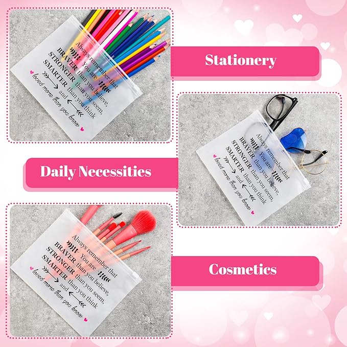 100 Pcs Inspirational Gifts for Girls Women Travel Cheer Makeup Bag Bulk Loved Quotes Cosmetic Bags with Zipper Thank You Encouragement Birthday Gift Bag for Nurse Teacher Friend (You Are Braver)