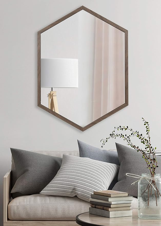 Kate and Laurel Laverty Modern Oblong Hexagon Mirror, 24 x 36, Walnut Brown, Geometric Wall Decor