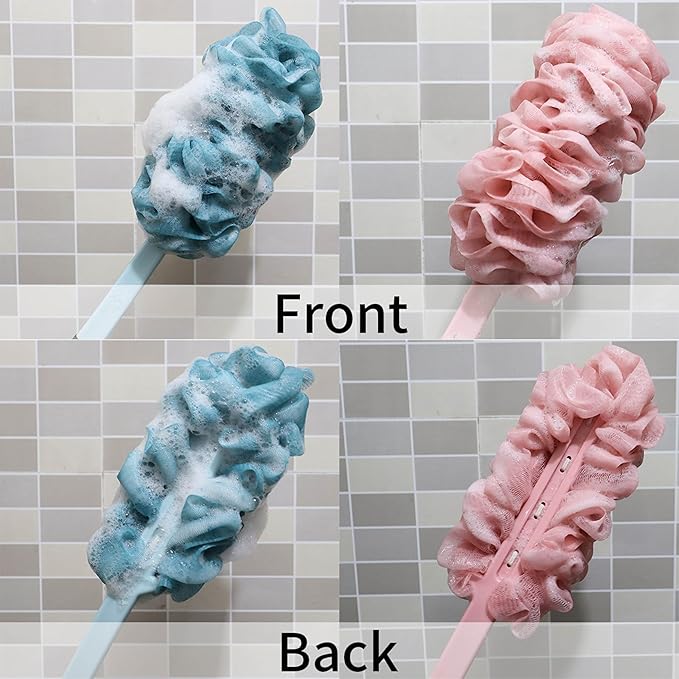 2Pack Back Scrubber for Shower, Loofah with Handle, Back Loofah Non-Slip Handle, Bath Body Brush, Scrub Cleaning Brush for Shower, Soft Mesh Sponge On a Stick for Men Women Elderly (Pink and Blue)