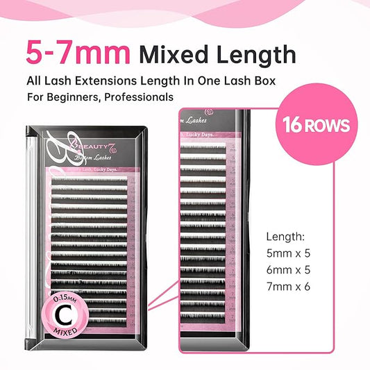 Beauty7 Mixed Under Lash Volume Individual False Eyelash Extension Tray Matte C Curl 0.15mm Thickness 5/6/7mm Length