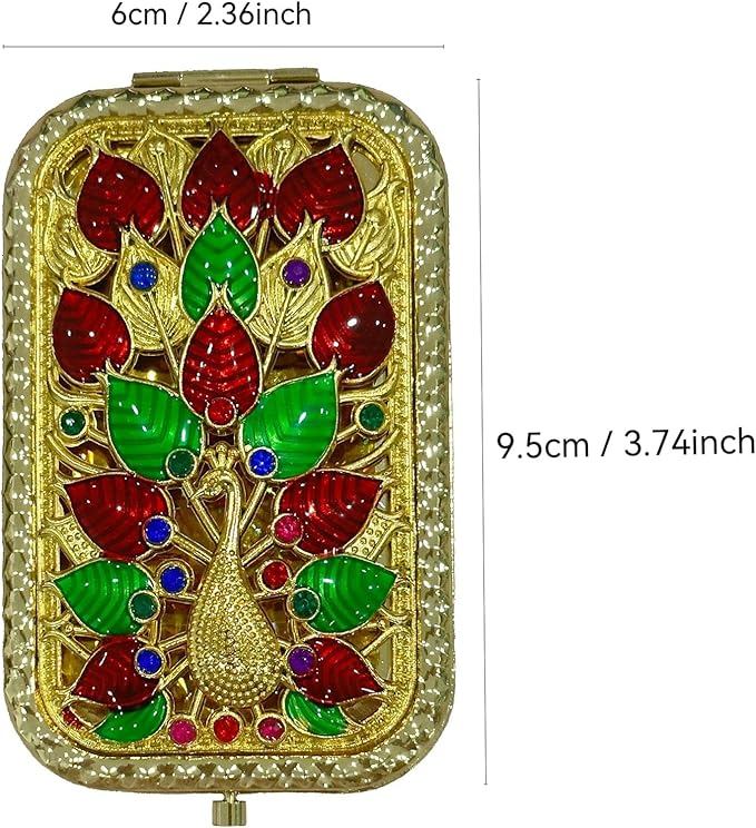1PC Vintage Peacock Spread Its Tail Pattern Cosmetic Makeup Pocket Purse Magnification Jewel Mirror οΌRectangleοΌ