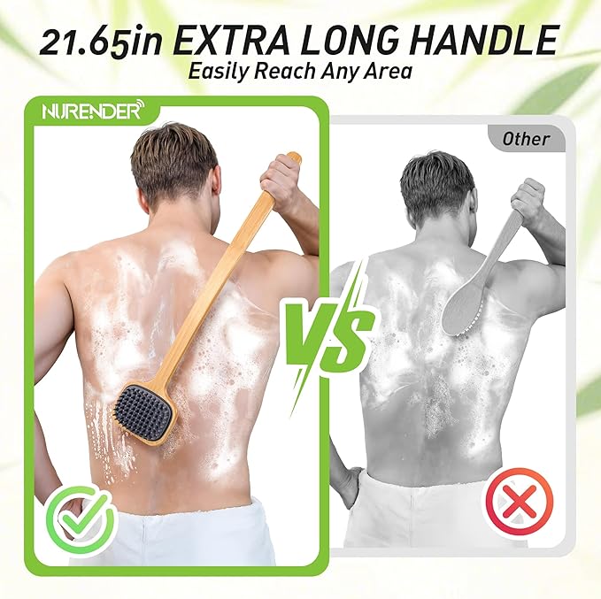 Back Scrubber for Shower, 21.65'' Long Handle Double-Sided Silicone Shower Bath Brush, Bamboo Body Exfoliator for Bath/Dry Brush/Massage/Back Scratching, Gift for Elderly