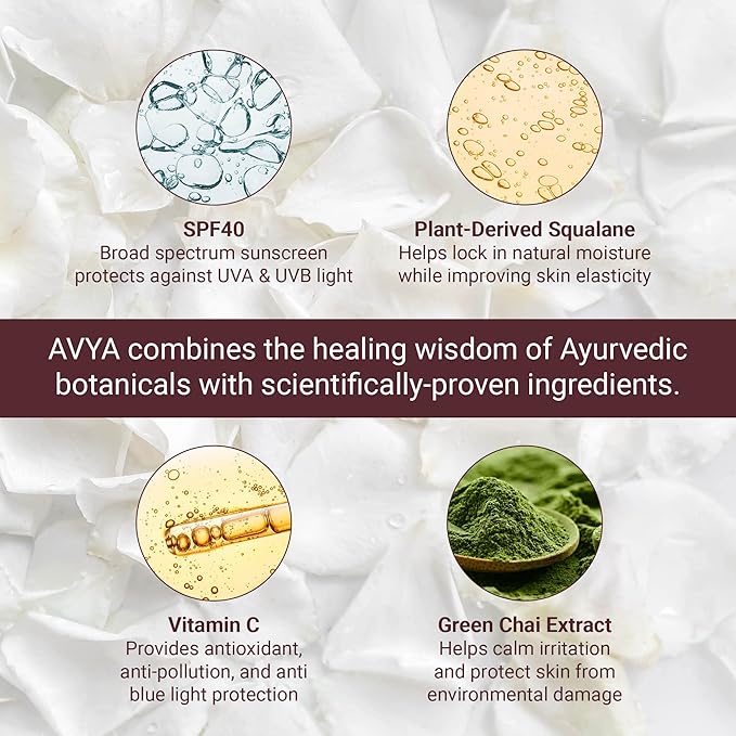 AVYA SPF 40 Sheer Tinted Moisturizer with Hyaluronic Acid & Green Chai β Advanced Ayurvedic Skincare Treatment for Balanced and Brighter Skin/Medium Skintones Shade #2 (1.7oz/50ml)