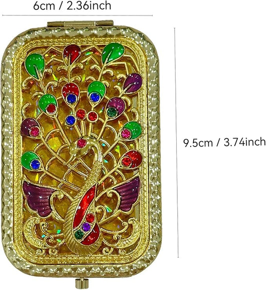 1PC Vintage Spread The Wings Peacock Pattern Cosmetic Makeup Pocket Purse Magnification Jewel Mirror οΌRectangleοΌ