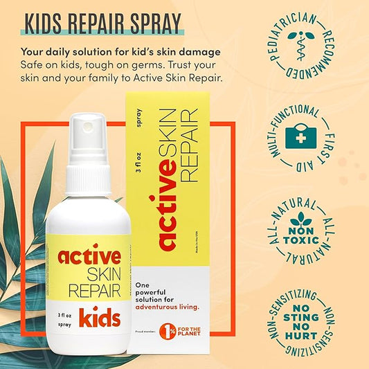 Active Skin Repair Kids First Aid Spray - Non-Toxic & Natural Antiseptic for Minor Cuts, Wounds, Scrapes, Rashes, Sunburns, and Other Irritations (3oz Spray)