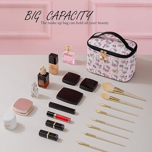 AmBealla Cosmetic Bag Large Makeup Bag Pink Makeup Travel Case with Brush Holder, Canvas Organizer for Women, Toiletry Bag for Skincare & Beauty Tools Sweet Cute for Girls