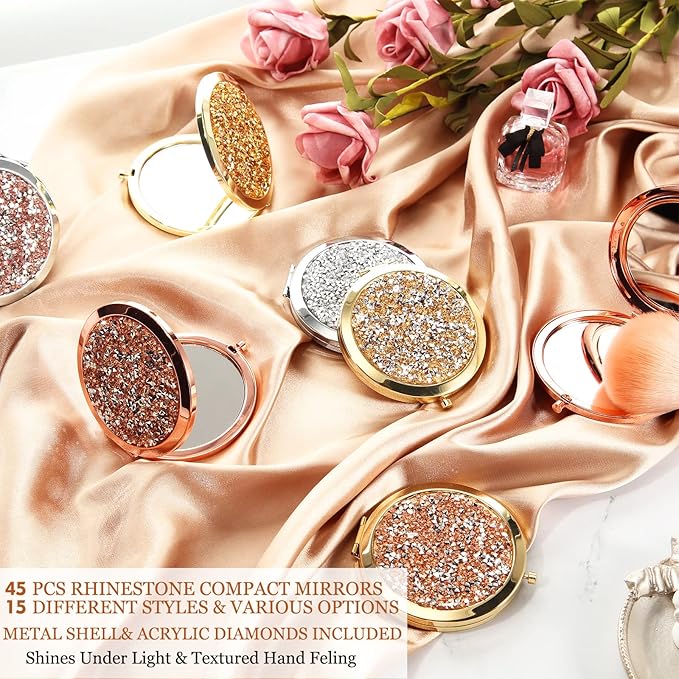Cindeer 45 Pcs Small Compact Mirror Folding Pocket Makeup Round Hand Held Cosmetic Magnifying Compact Rhinestone Mirror with 1X/2X Magnification for Women Girls Travel (Modern Colors)