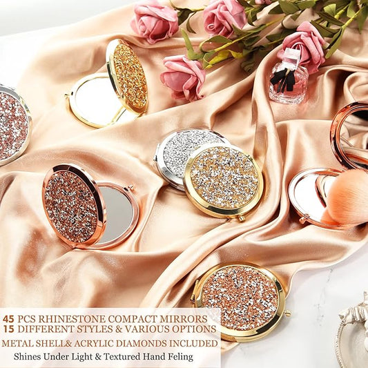 Cindeer 45 Pcs Small Compact Mirror Folding Pocket Makeup Round Hand Held Cosmetic Magnifying Compact Rhinestone Mirror with 1X/2X Magnification for Women Girls Travel (Modern Colors)