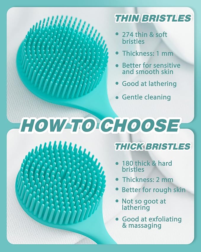 Manmihealth Silicone Back Scrubber for Shower(Thick Bristles), Body Scrubber with 15'' Long Handle, Light & Easy-to-Hold Shower Brush for Skin Exfoliating and Massaging, Not Good in Lathering. (Blue)