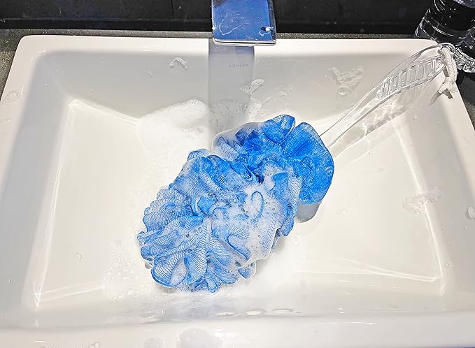 Loofah Back Scrubber for Shower,Long Handle Bath Body Brush Soft Nylon Mesh Loofah Sponge On a Stick,Exfoliating Scrub Cleaning Luffa for Elderly for Men Women(2-Pack,Bule and Green)