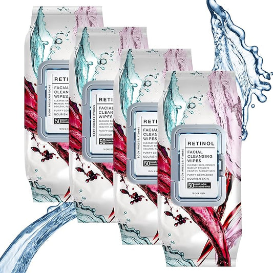 Body Prescription Makeup Cleansing Wipes - Gentle and Effective Face Wipes, 50 Count (Pack of 4), Retinol