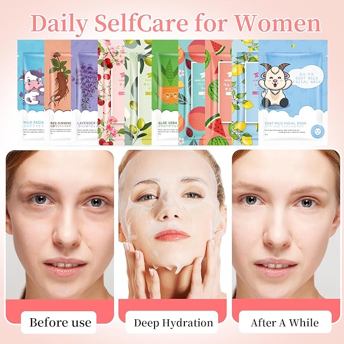 20 Sheets Face Masks Skincare for All Skin Types, Hydrating Facial Masks, Watermelon, Aloe Vera, Peach, Oil Contral Moisture Face sheet Masks for Sensitive Skin, Facial Mask for Women