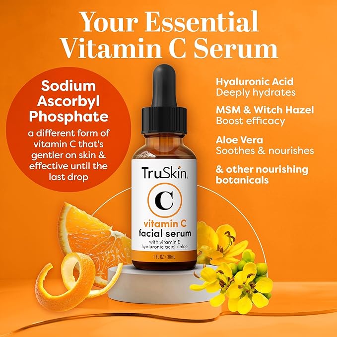 TruSkin Vitamin C Serum For Face β Anti Aging Face Serum with Vitamin C, Hyaluronic Acid, Vitamin E β Brightening Formula β Improve Appearance of Dark Spots, Tone, Fine Lines & Wrinkles, 1 Fl Oz