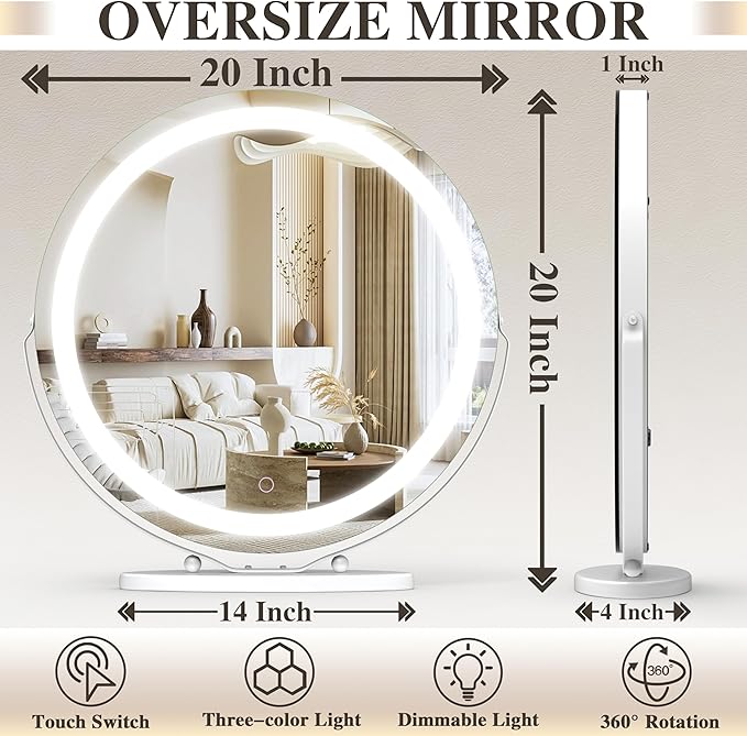 Vanity Mirror, 20 Inch Makeup Mirror with Lights, Large Lighted Vanity Mirror, Light Up Mirror with Smart Touch 3 Colors Dimmable, White