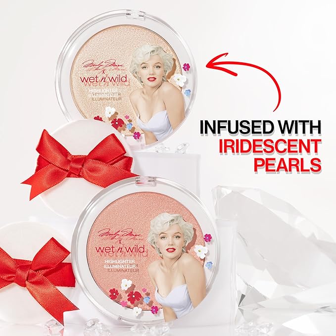 wet n wild Marilyn Monroe Icon Highlighter, Ultra-Reflective Luminous Powder, Buildable Glow with Iridescent Pearls, Includes Sponge, Cruelty-Free β Peachy Pink