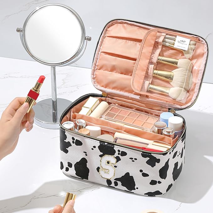 Meiyuuo Large Personalized Makeup Bag for Teen Girls Gifts Cute Cosmetics Bags Chenille Letter Bag Travel Pro Pouch Toiletry Organizer for Women Monogram Cow Print S