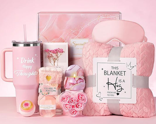 Birthday Gifts for Women Self Care Get Well Soon Gift Baskets, Relaxing Spa Gift Set for Christmas W/Flannel Blanket & 40 OZ Tumbler for Mom Wife Grandma Her Sister Girlfriend, Valentines Mother's Day