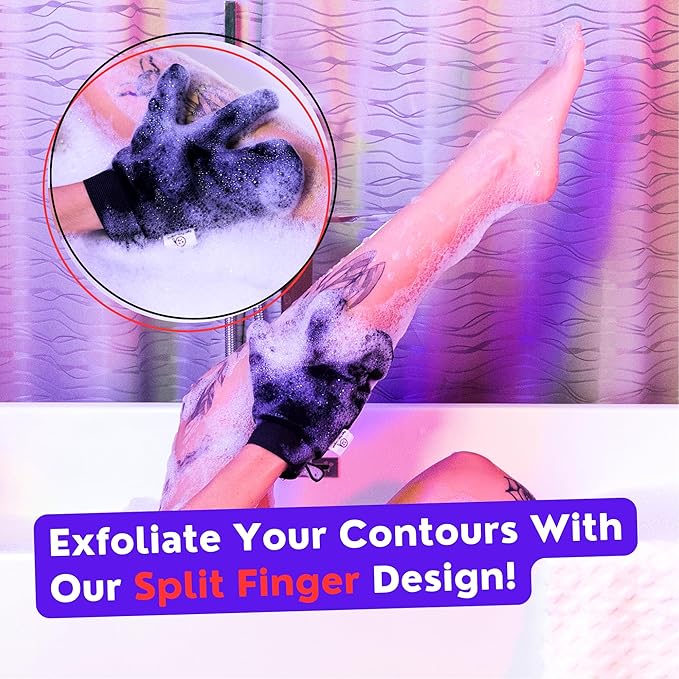 Deep Exfoliating Gloves for Body Scrub β 2-Pack Mitt for Men & Women, Black, KP Bump Eraser & Dead Skin Remover β Smooth, Radiant Skin Exfoliator β Loofah Alternative by Bye Bye Loofah