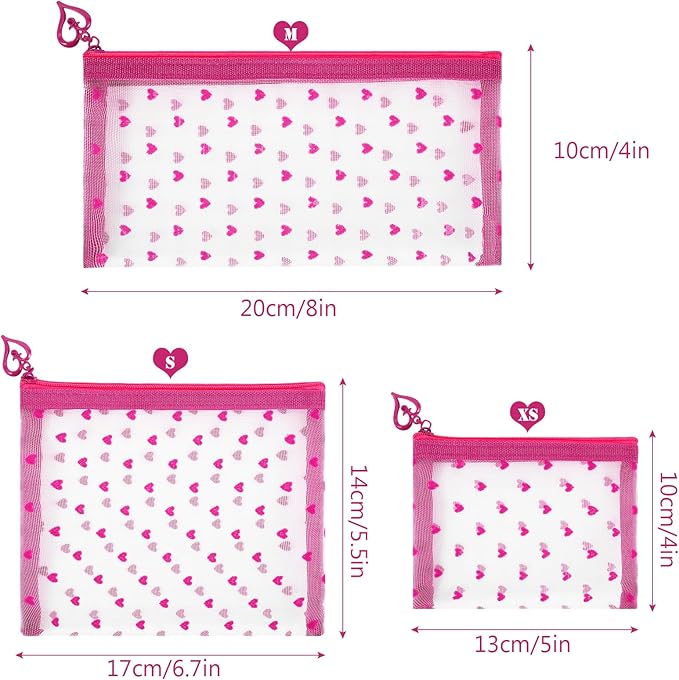 6 Pack Mini Zipper Mesh Makeup Bags, Heart Print Nylon Cosmetic Bags Toiletry Bags for Office Travel Organization (Hot Pink, S)