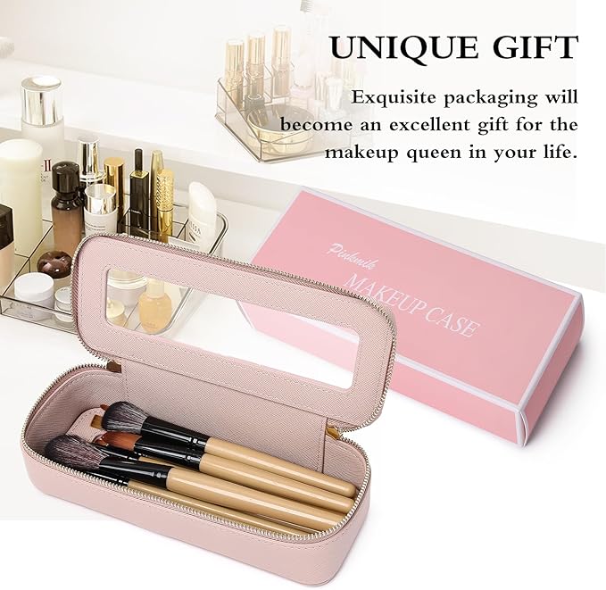 Makeup Brush Case Clear Travel Cosmetic & Toiletry Bag Small Makeup Bag with Zipper Purse Organizer Car Essential Bag for Women (Pink, SLIM)