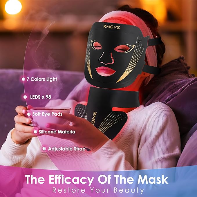 Red-Light-Therapy-for-Face and Neck, 7 Colors LED Facial Light Therapy Mask - Birthday, Christmas, Mothers Day, Valentines Day, Self Care Gifts for Her Women Mom Best Friend Wife Teacher (Black)