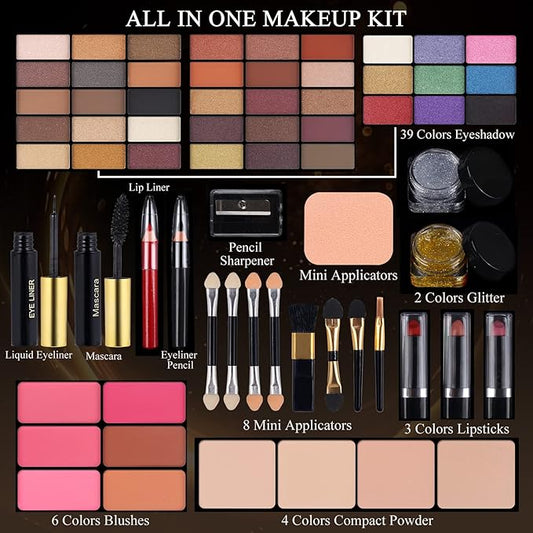 Professional Makeup Kit for Women Girls Full Kit with Mirror 58 Colors All in One Make up Gift Set Included Eyeshadow,Compact Powder,Blusher,Lipstick,Eyebrow Pencil,Gitter Gel,Eyeliner,Mascara (Y)