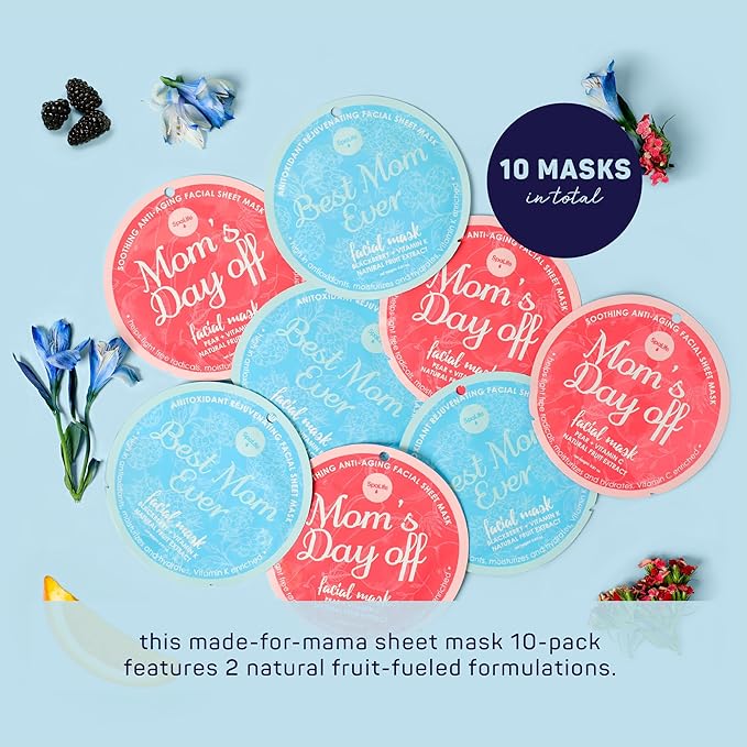 SpaLife Made for Mama Facial Mask Duo β Antioxidant Rejuvenating & Soothing Anti-Aging Facial Sheet Masks β Face Masks Skincare Set β Hydrating Face Masks β 10 Pack β Natural Fruit Extract Formulas