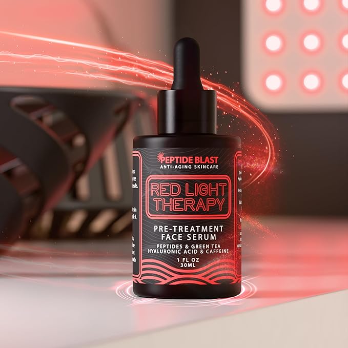 Peptide Blast Red Light Therapy Pre-Treatment Serum – With 6 Peptides, Green Tea Extract, Hyaluronic Acid & Antioxidants – 1 fl oz