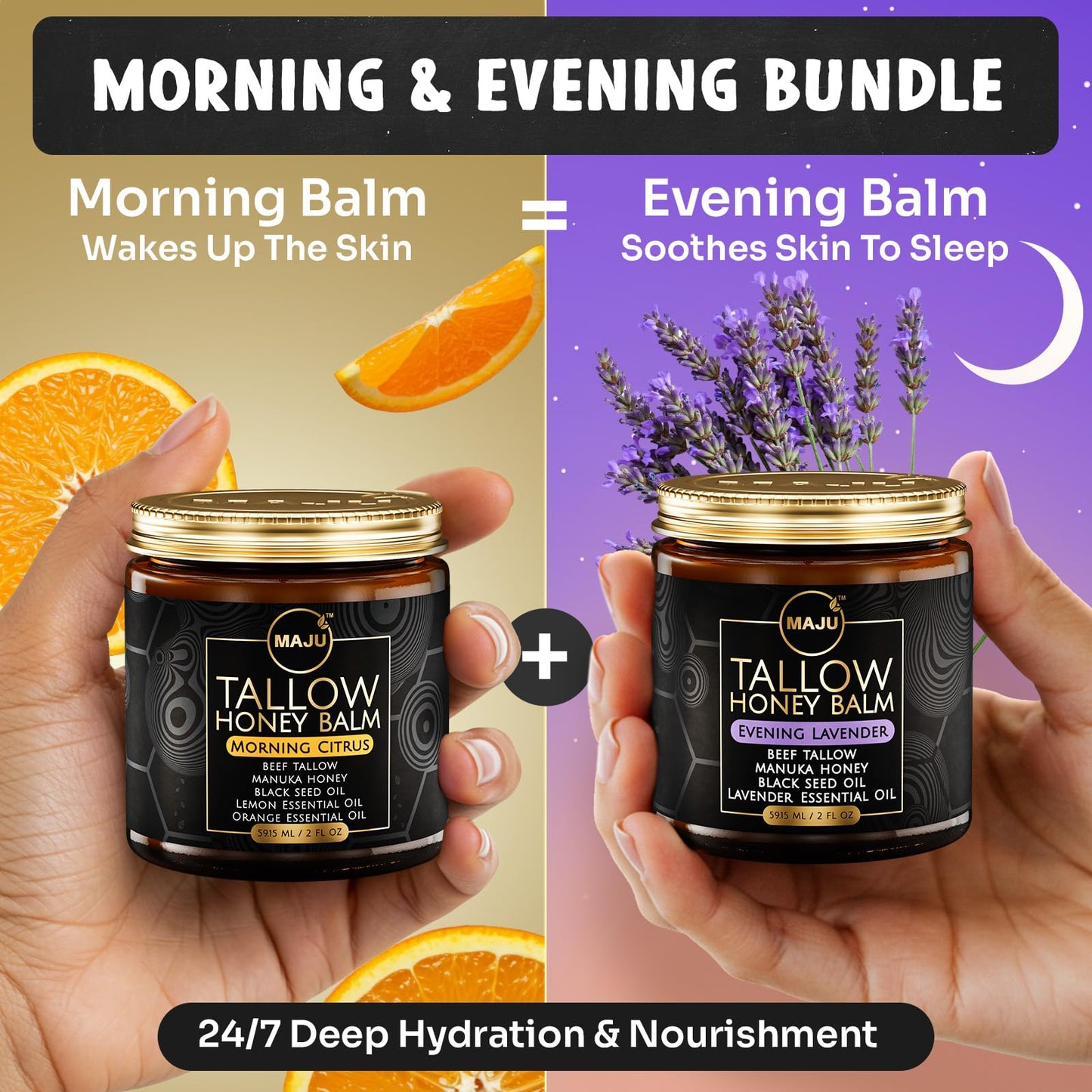 MAJU Tallow Honey Balm, Morning Citrus (2 oz), Grass Fed Beef Tallow for Skin with Organic Black Seed Oil, Manuka Honey and Organic Beeswax, Skin and Face Moisturizer for Deep Hydration