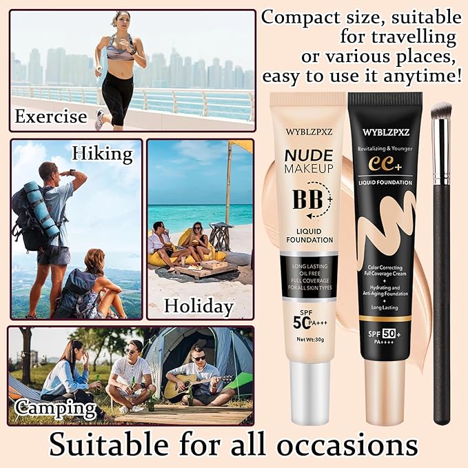 2PCS Full Coverage Liquid Foundation Makeup Brush Set,Moisturizing BB Cream,Oil Control Hydrating CC Cream Foundation Makeup,Waterproof Concealer Full Coverage Foundation for Women
