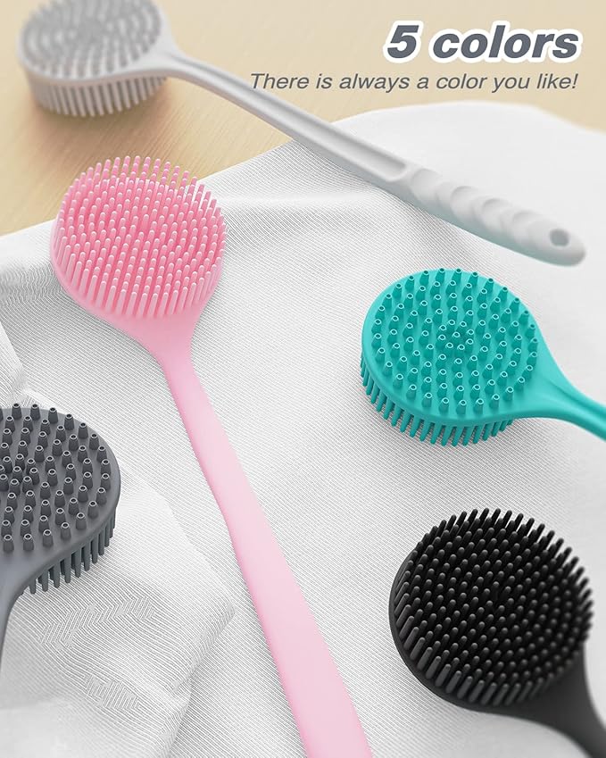 Manmihealth Silicone Back Scrubber for Shower(Thick Bristles), Body Scrubber with 15'' Long Handle, Light & Easy-to-Hold Shower Brush for Skin Exfoliating and Massaging, Not Good in Lathering.(Black)