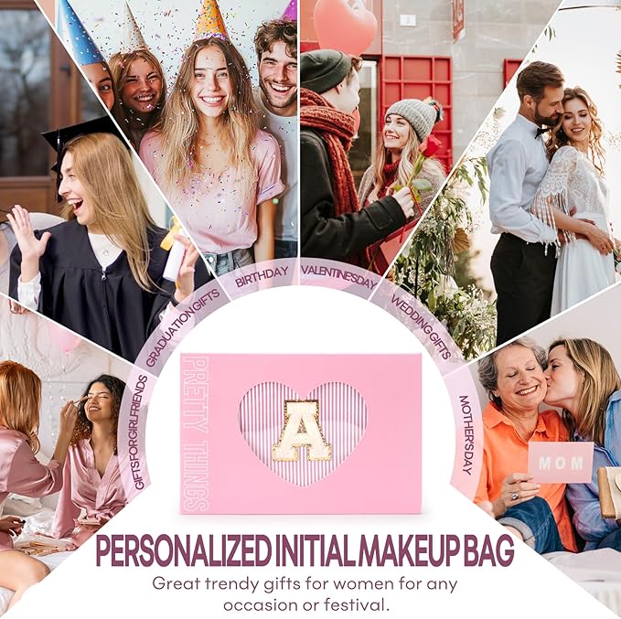 mibasies 2 PCS Initial Makeup Bags for Women: Cosmetic Bag for Travel Toiletry - Personalized Cute Makeup Pouch - Gifts for Grilfriend Wife Moms Bridesmaid - Retirement Travel Gifts - Light Pink E