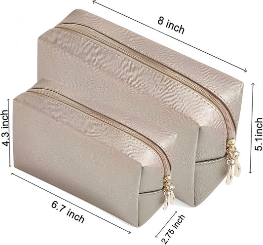 2pcs set PU Leather Cosmetic Bag for Women Minimalism Makeup Bag for Daily Use Portable Storage Purse Small Neat Cosmetic Pouch Water-resistant Toiletry Bag for Travel (Coffee)