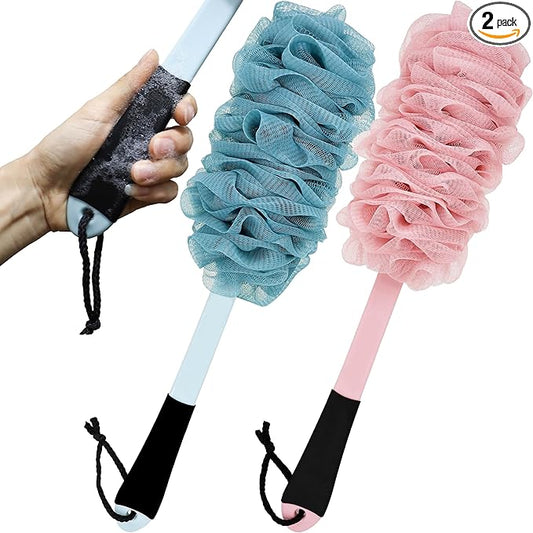 2Pack Back Scrubber for Shower, Loofah with Handle, Back Loofah Non-Slip Handle, Bath Body Brush, Scrub Cleaning Brush for Shower, Soft Mesh Sponge On a Stick for Men Women Elderly (Pink and Blue)