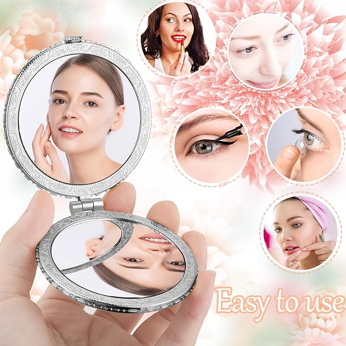 Blulu 16 Pcs Compact Mirror for Purse Small Flower Pocket Mirror Vintage Portable Floral Folding Tea Party Favors Birthday Gifts for Women Wedding Makeup Travel(Silver Edge)