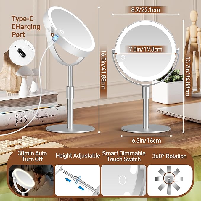 Magnifying Mirror with Light 20X, Height-Adjustable Lighted Makeup Mirror with Magnification, Double - Sided Aluminum Alloy LED Mirror, 3 Lighting Modes Ideal for Desk Bathroom Makeup, Silver