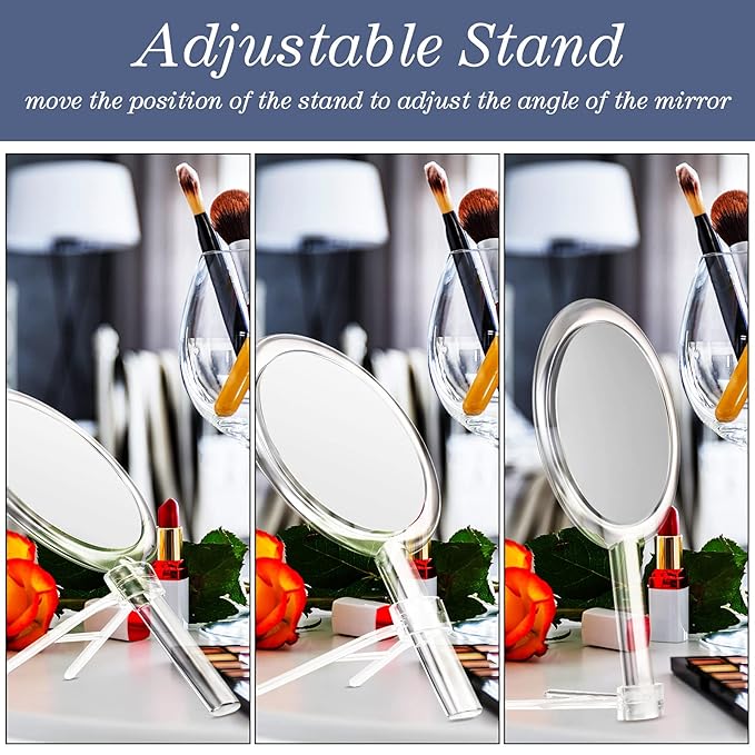 Queekay Double-Sided Handheld Mirror with Stand, 1X/10X Magnifying Mirror, Clear Adjustable, Round Shape, 25.8 x 15 cm