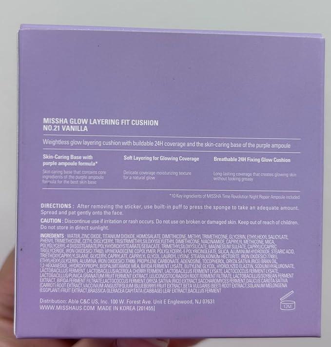 MISSHA Serum Cushion Glow Layering Fit Cushion Foundation No.21 Vanilla Light Beige for Bright Skin, Korean Foundation Makeup, Rich-Texture, Full-Coverage, 24-Hr Hydrating, Triple Glow System